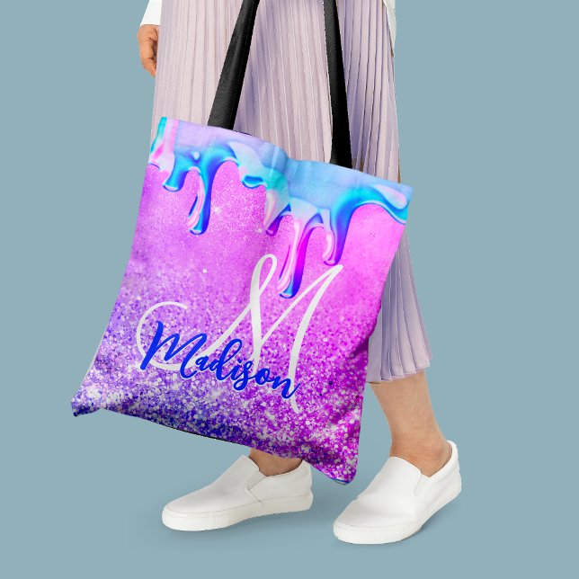 Tote Bag Cute ombre rose violet parties scintillant monogra (Créateur téléchargé)