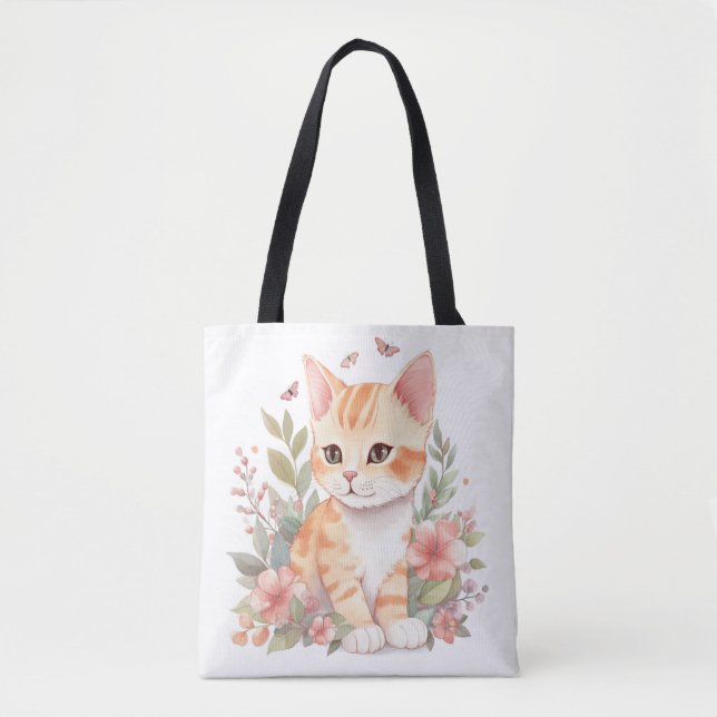 Tote Bag Cute orange Tabby Kitten avec Fleurs Aquarelle (Devant)