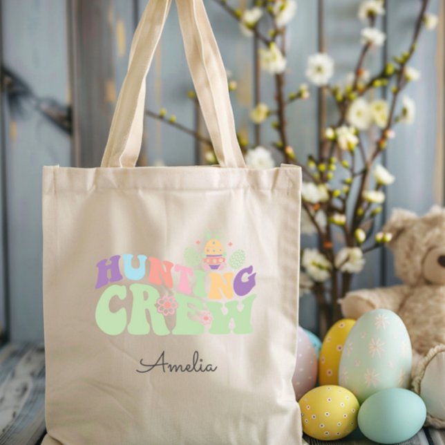 Tote Bag Cute Pastel Chasse à l'équipage de Pâques Chasse a (Cute Colorful Hunting Crew Easter Egg Hunt Tote Bag, Personalized with Name, Pastel Retro Fun)