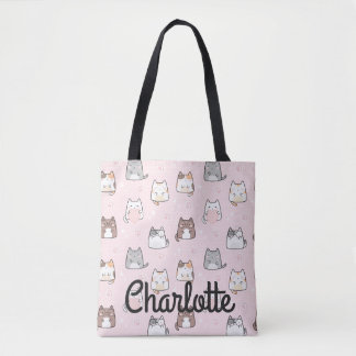 Tote Bag Cute Pastel Pink Kawaii Chats Éclatez Votre Nom