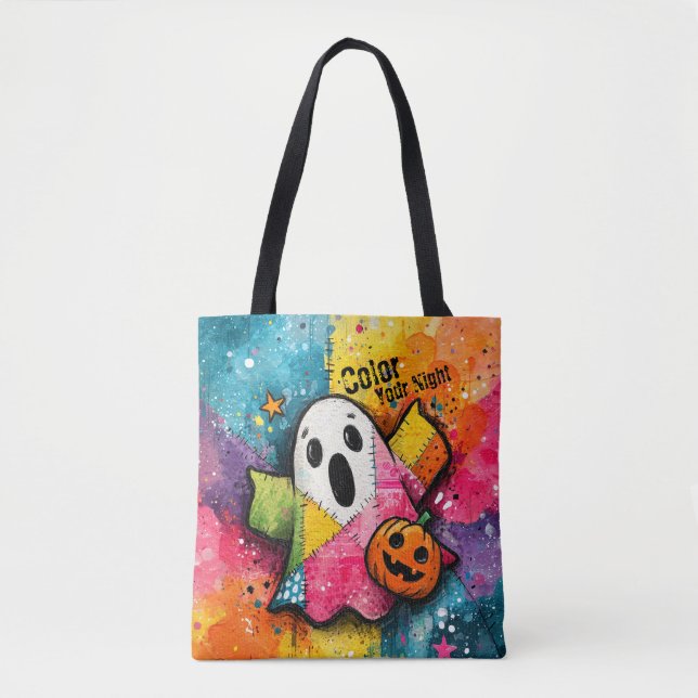 Tote Bag Cute Patchwork Ghost Colorful Splatter Art (Devant)