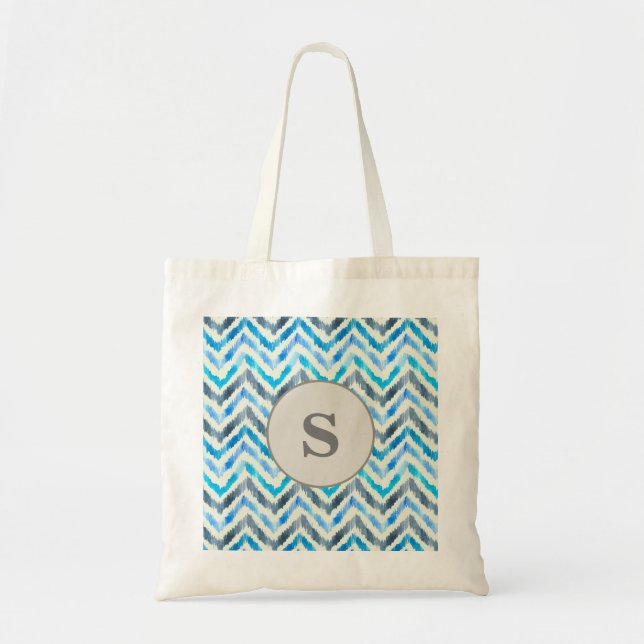 Tote Bag Cute Personnalisé Monogramme Bleu et Blanc Chevron (Devant)