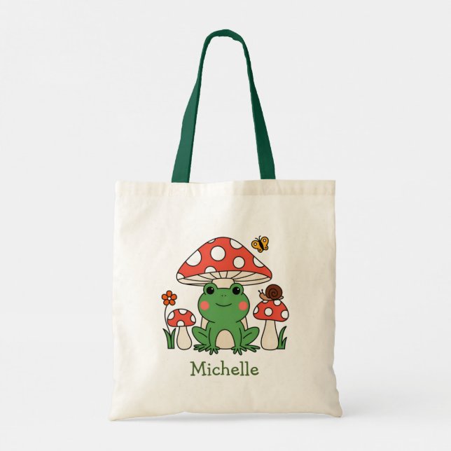 Tote Bag Cute personnalisée Happy Green Frog and Mushrooms (Dos)