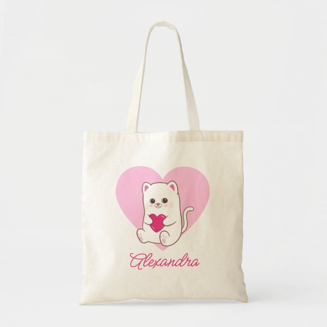 Tote Bag Cute personnalisée Kawaii Coeur rose Chat Amour (Devant)