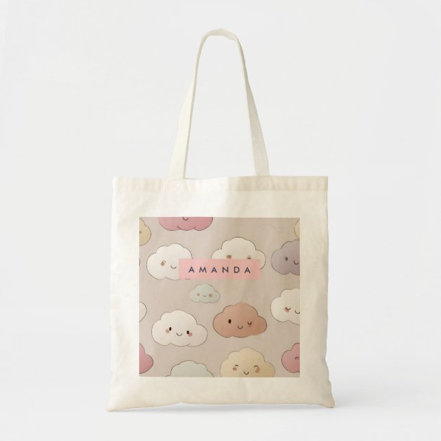 Tote Bag Cute personnalisée Kawaii Pastel Nuages souriants (Devant)