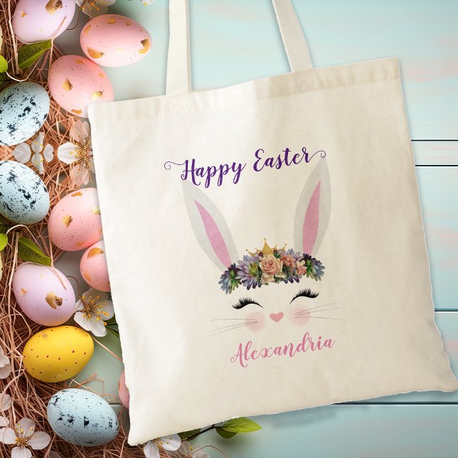 Tote Bag Cute Personnalisée Rose Floral Pâques Lapin Fille (Cute Personalized Pink Floral Easter Bunny Girl Tote Bag)