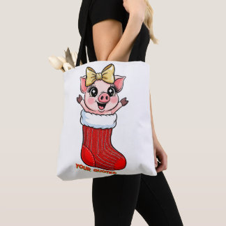 Tote Bag Cute Pig in Christmas Stocking