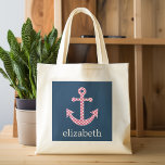 Tote Bag Cute Pink Polka Dot Anchor with Navy Custom Name<br><div class="desc">A trendy and elegant design with dots and preppy colors plus an area to add your name or monogram.</div>