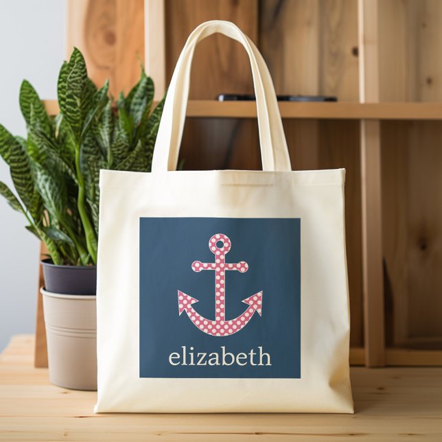 Tote Bag Cute Pink Polka Dot Anchor with Navy Custom Name (Personalized tote bag with photos and custom text)