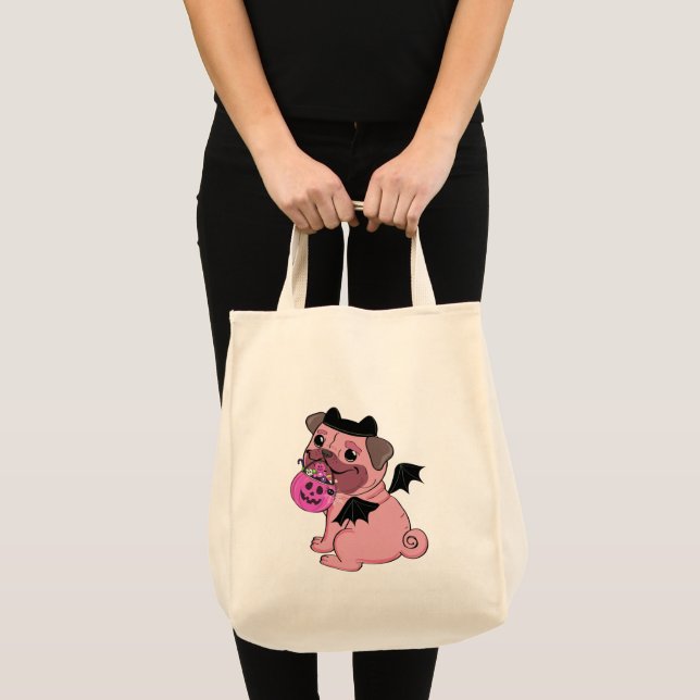 Tote Bag Cute Pink Pug in a Halloween Costume Holding  (Devant (produit))