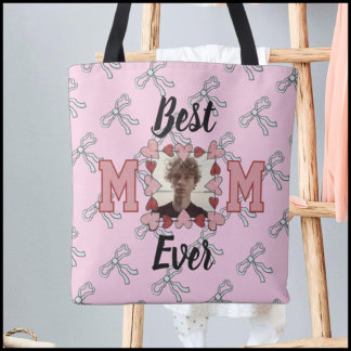 Tote Bag Cute Pink red & White Bows 1 Photo Best Mom Ever