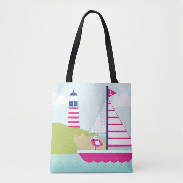 Tote Bag Cute Pink Sail Boat and Lighthouse (Devant)