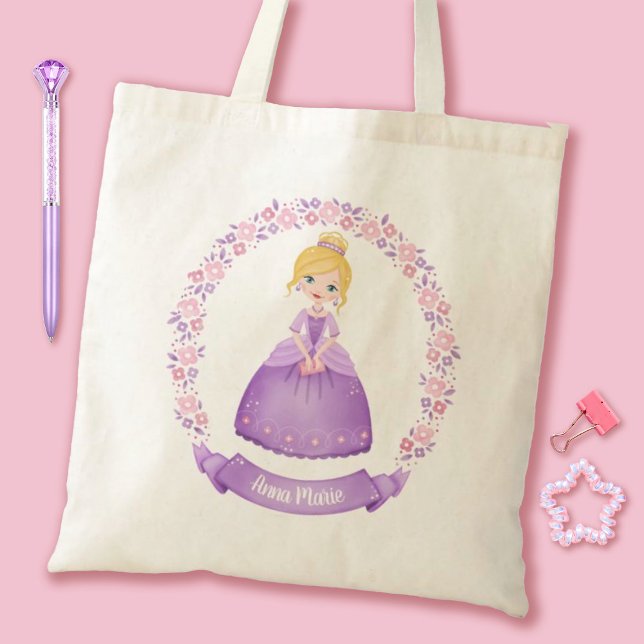 Tote Bag Cute Princess Purple Personnalisé (A cute girls purple princess personalized tote bag. Personalize it with your girls name.)