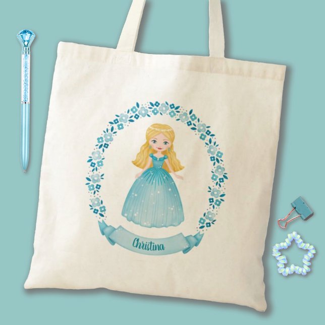 Tote Bag Cute princesse rose personnalisée (A cute blue girls Princess tote bag. Personalize it with your girls name for a special gift.)