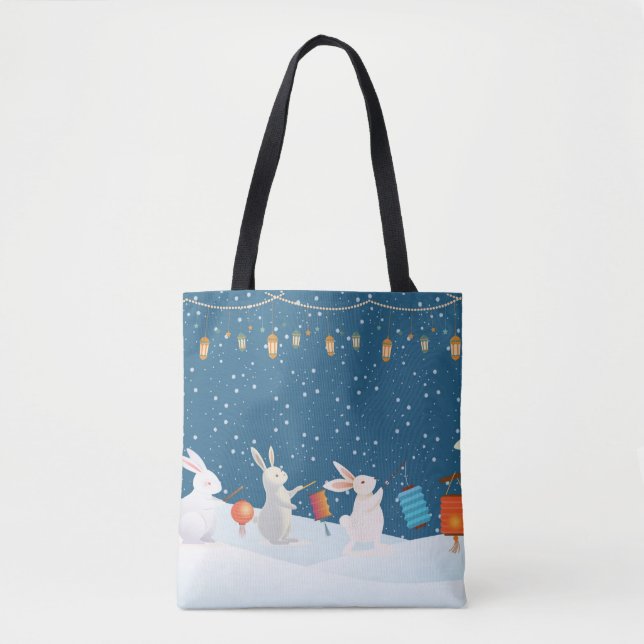 Tote Bag Cute Rabbits Lantern Parade Through Snow Christmas (Devant)