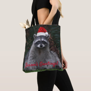 Tote Bag Cute Raccoon Porté Red Santa Hat Holiday