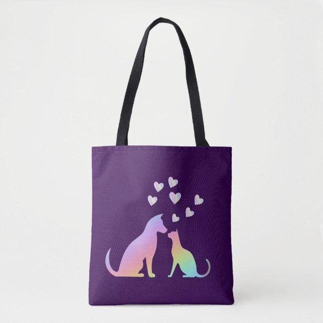 Tote Bag Cute Rainbow Cat and Dog Silhouette Love Purple To (Devant)