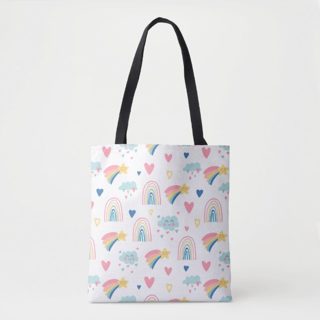 Tote Bag Cute Rainbow Hearts & Clouds Motif (Devant)