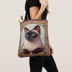 Tote Bag Cute réaliste Chat Siamese Colorée Frontière Flora