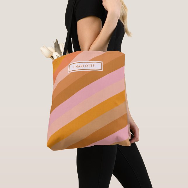 Tote Bag Cute Retro Stripes Rose Rust Nom personnalisé (De près)