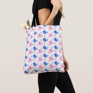 Tote Bag Cute Rose Bleu Oiseau Coeur Motif Répétition Amour