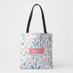 Tote Bag Cute rose Bleu Scandinave Plante Motif