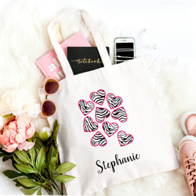 Tote Bag Cute rose et noir Zebra Stripes Chic Fun Name (Créateur téléchargé)