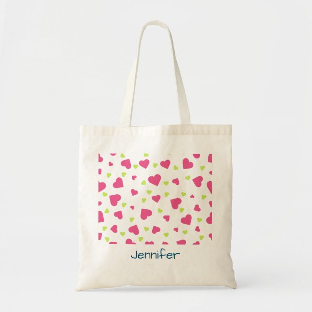Tote Bag Cute rose et vert Tumbling Hearts Motif (Devant)