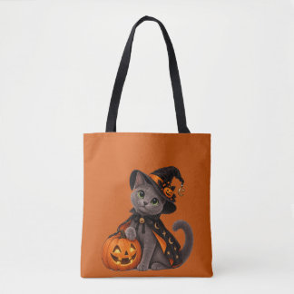 Tote Bag Cute Russian Blue Cat Witch Halloween