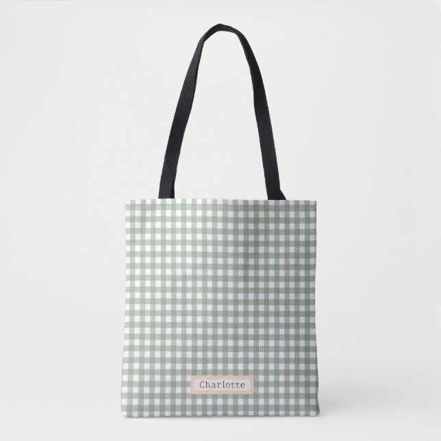 Tote Bag Cute Sage Green Plaid Personnalisé (Devant)