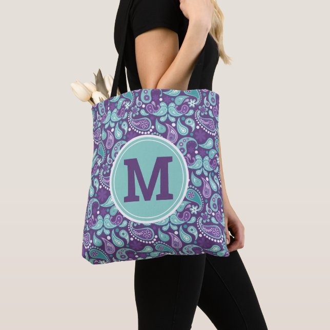 Tote Bag Cute Shabby Chic Purple et bleu Paisley Monogramme (De près)