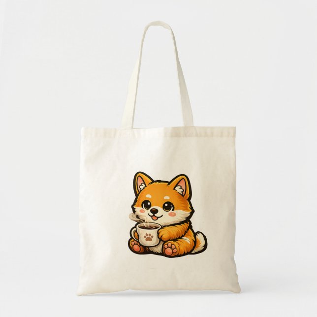 Tote Bag Cute Shiba Inu with Coffee – Cozy Dog Illustration (Devant)