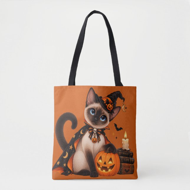 Tote Bag Cute Siamese Cat Witch Halloween (Devant)