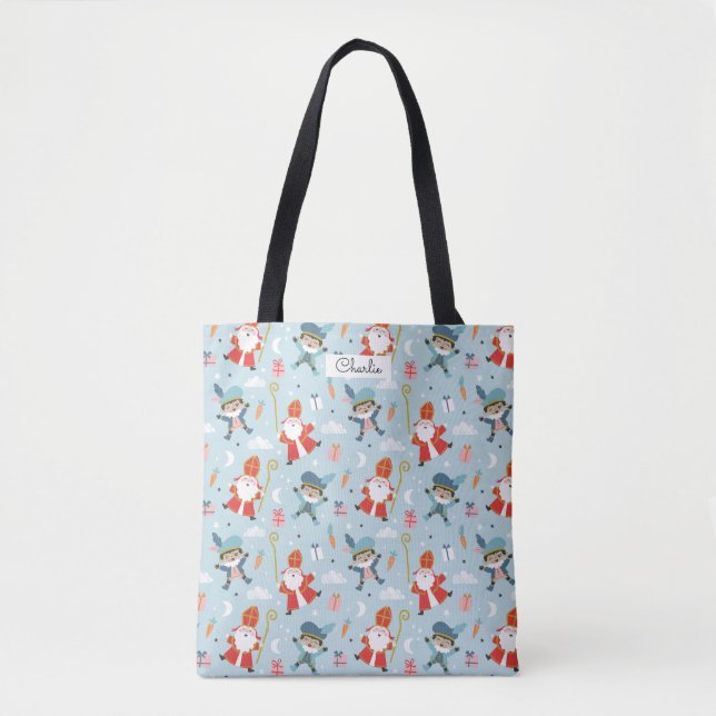 Tote Bag Cute Sinterklaas et Piet Motif sur Blue (Devant)