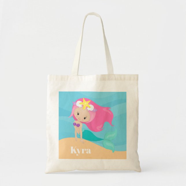 Tote Bag Cute sirène ajouter nom filles plage fourre-tout (Devant)