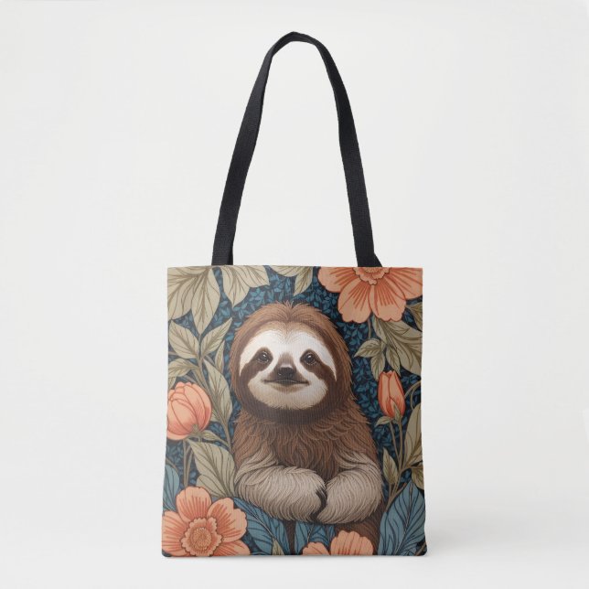 Tote Bag Cute Sloth Elegant Floral William Morris Inspired (Devant)