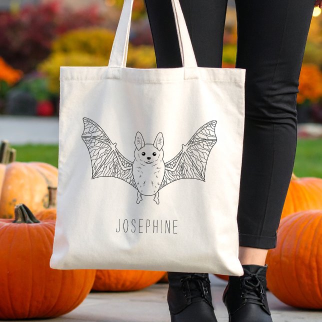 Tote Bag Cute Smiling Bat Line Art Avec Le Nom Halloween (Disclaimer: This image is a digital mockup.)