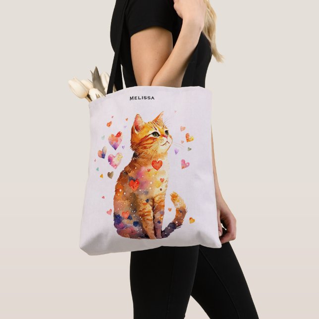 Tote Bag Cute Tabby Chat avec Coeurs (De près)