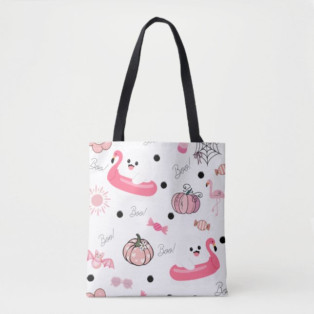Tote Bag Cute Tropical Halloween Tote – Ghosts & Flamingos (Devant)