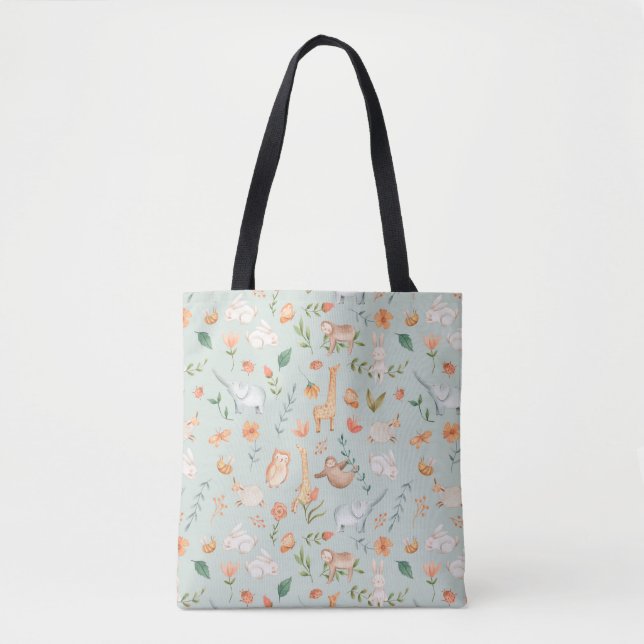 Tote Bag Cute Turquoise bébé animal Pastel Motif (Devant)