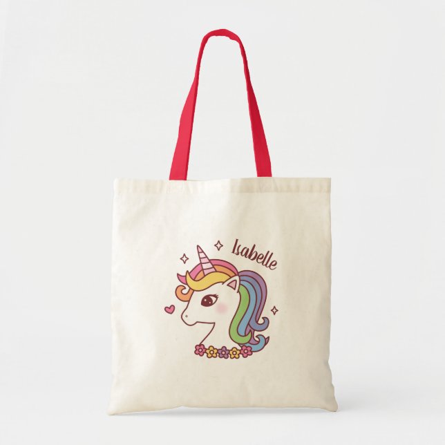 Tote Bag Cute Unicorn avec Rainbow Mane Doodle Girls Nom K (Devant)