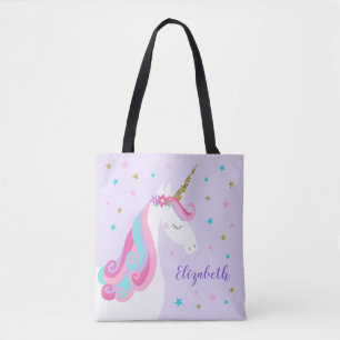 Tote Bag Cute Unicorn Étoiles Parties scintillant violet