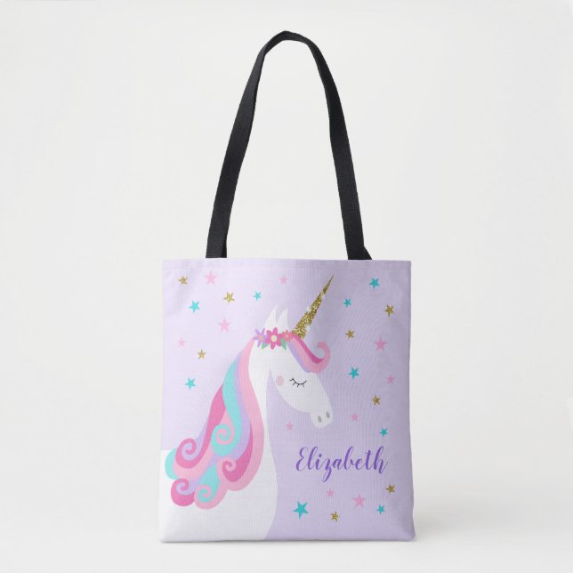 Tote Bag Cute Unicorn Étoiles Parties scintillant violet (Devant)