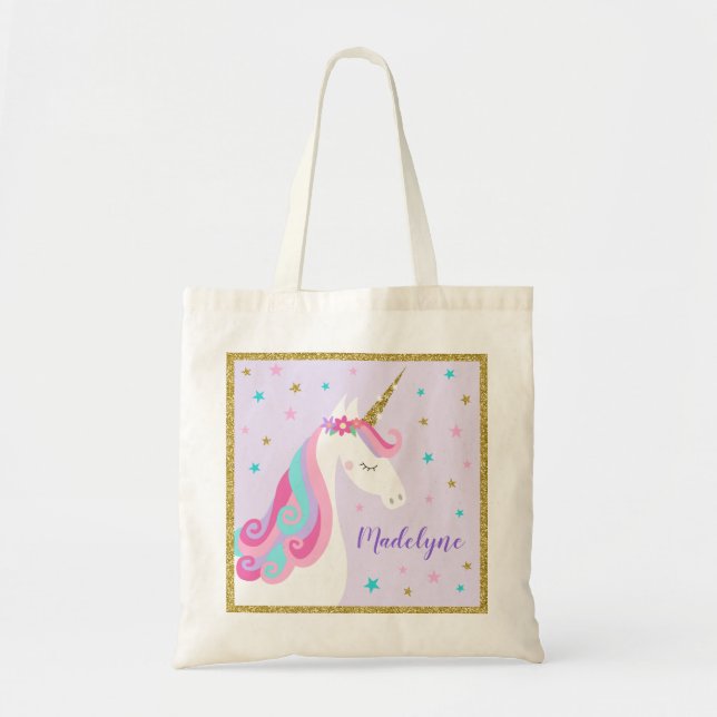 Tote Bag Cute Unicorn Étoiles Parties scintillant violet (Devant)