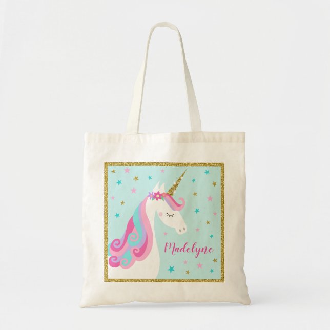 Tote Bag Cute Unicorn Stars Parties scintillant Aqua (Devant)