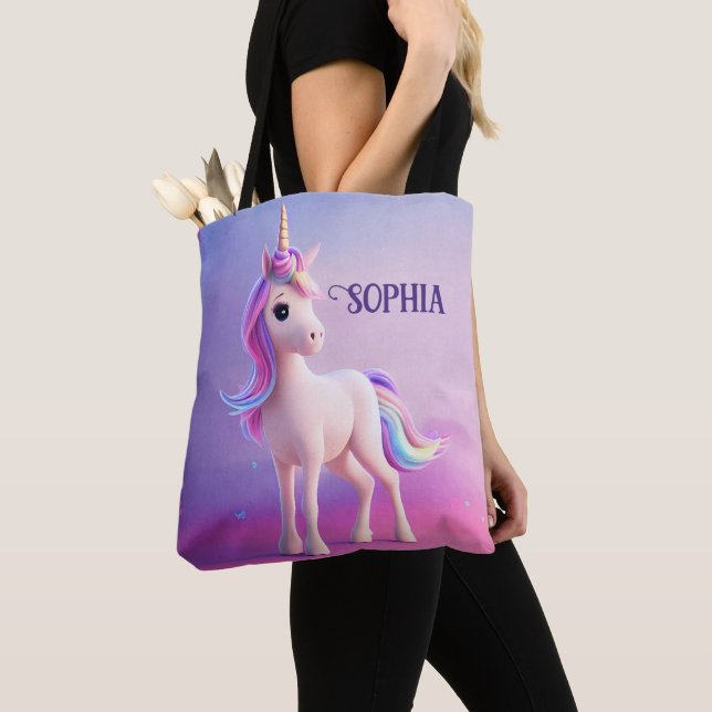 Tote Bag Cute Unicorne Blanche Avec Rose & Bleu Mane (De près)