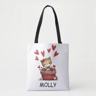 Tote Bag Cute Valentine Cat with Hearts Personalized