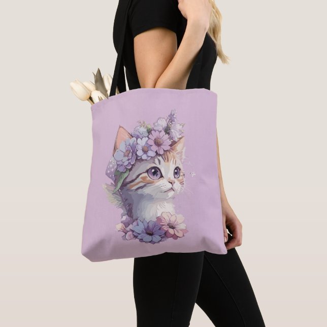 Tote Bag Cute Violet Aquarelle Chat avec Flore (De près)