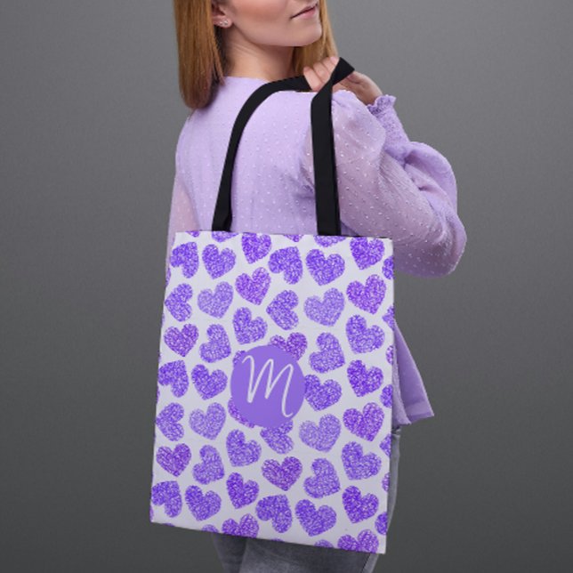 Tote Bag Cute violet Doodled Heart Saint Valentin Monogramm (Créateur téléchargé)