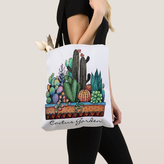Tote Bag Cute Watercolor Cactus Garden (De près)